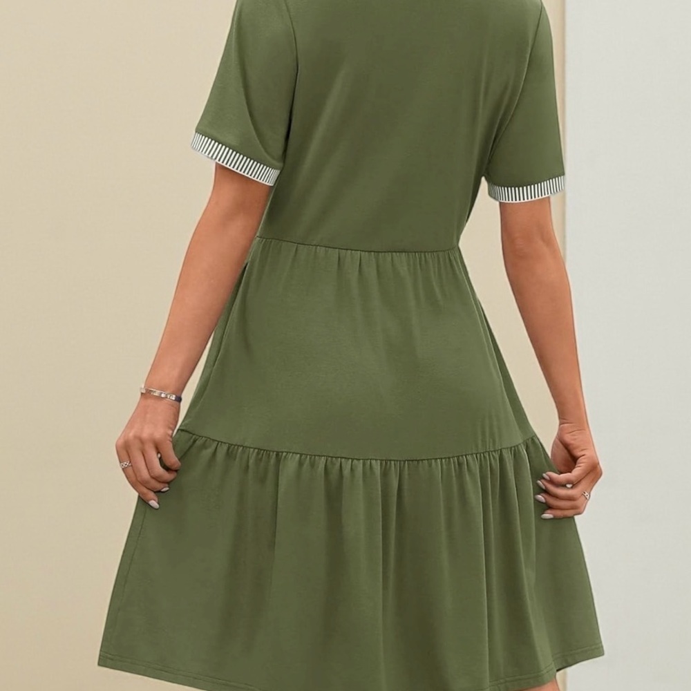 🌿 Boho Breeze! Army Green Tiered Dress | Pockets + Striped Trim | Size S - Picture 3 of 11
